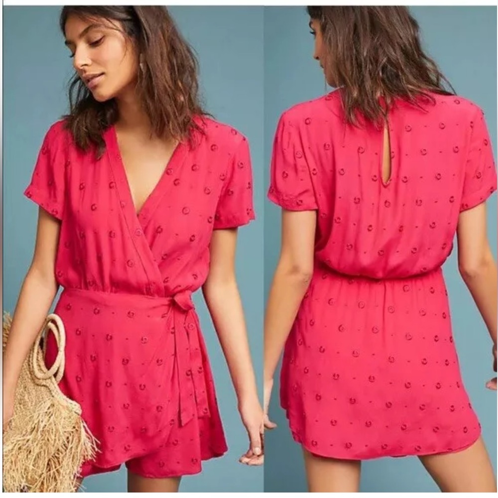 Anthropologie Greenbrier Embroidered Summer Romper Magenta Hot Pink XS